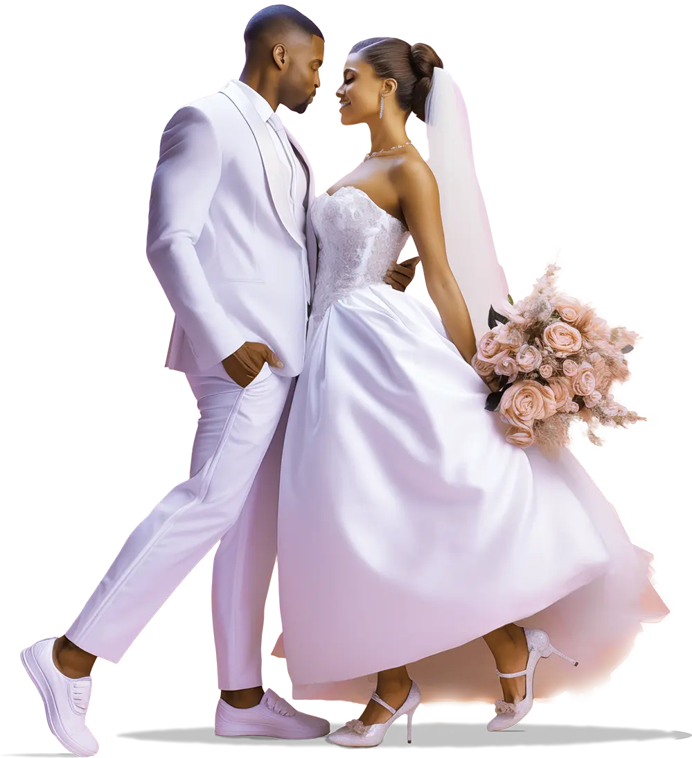 Couple de marié habillé en blanc pour le salon du mariage de Douala